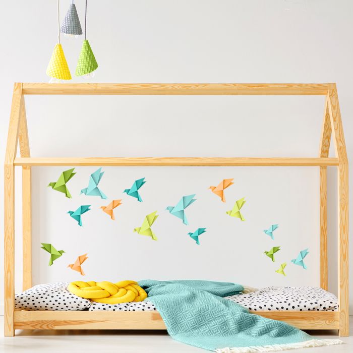 Origami ptáčci - oranžové, zelené a modré - nálepky na zeď
