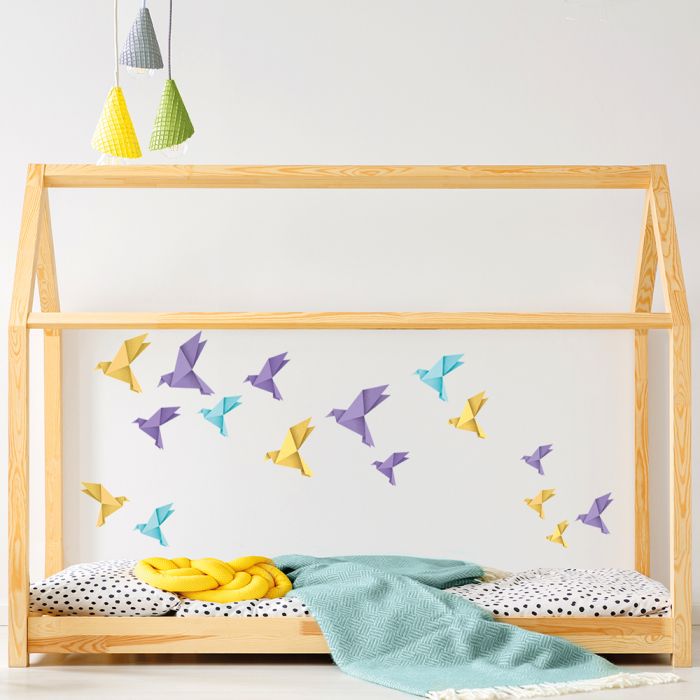 Origami ptáčci - fialové, žluté a modré - nálepky na zeď