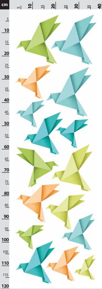 Origami ptáčci - oranžové, zelené a modré - nálepky na zeď