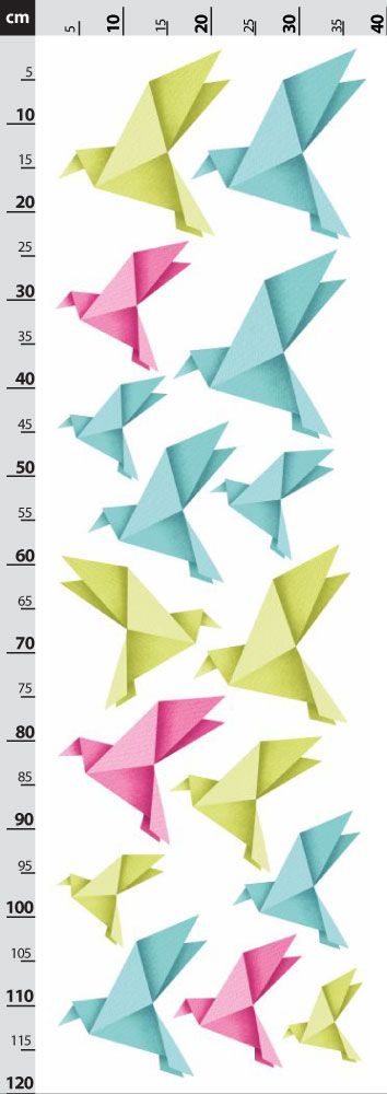Origami ptáčci - růžové, zelené a modré - nálepky na zeď 