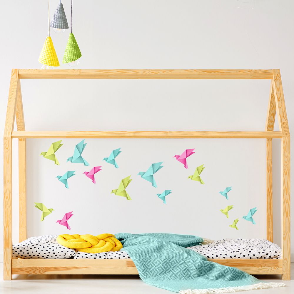 Origami ptáčci - růžové, zelené a modré - nálepky na zeď 