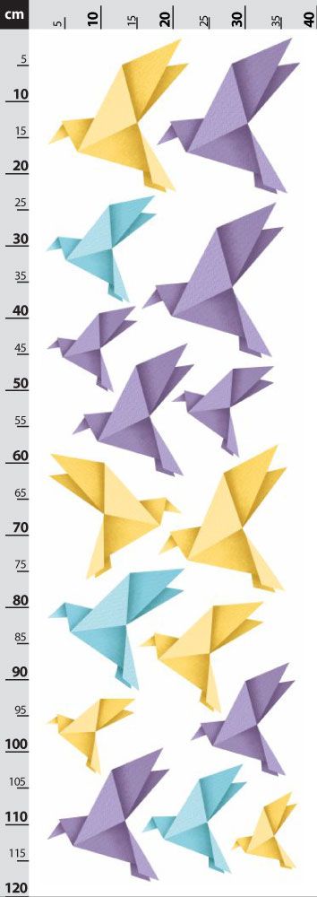 Origami ptáčci - fialové, žluté a modré - nálepky na zeď