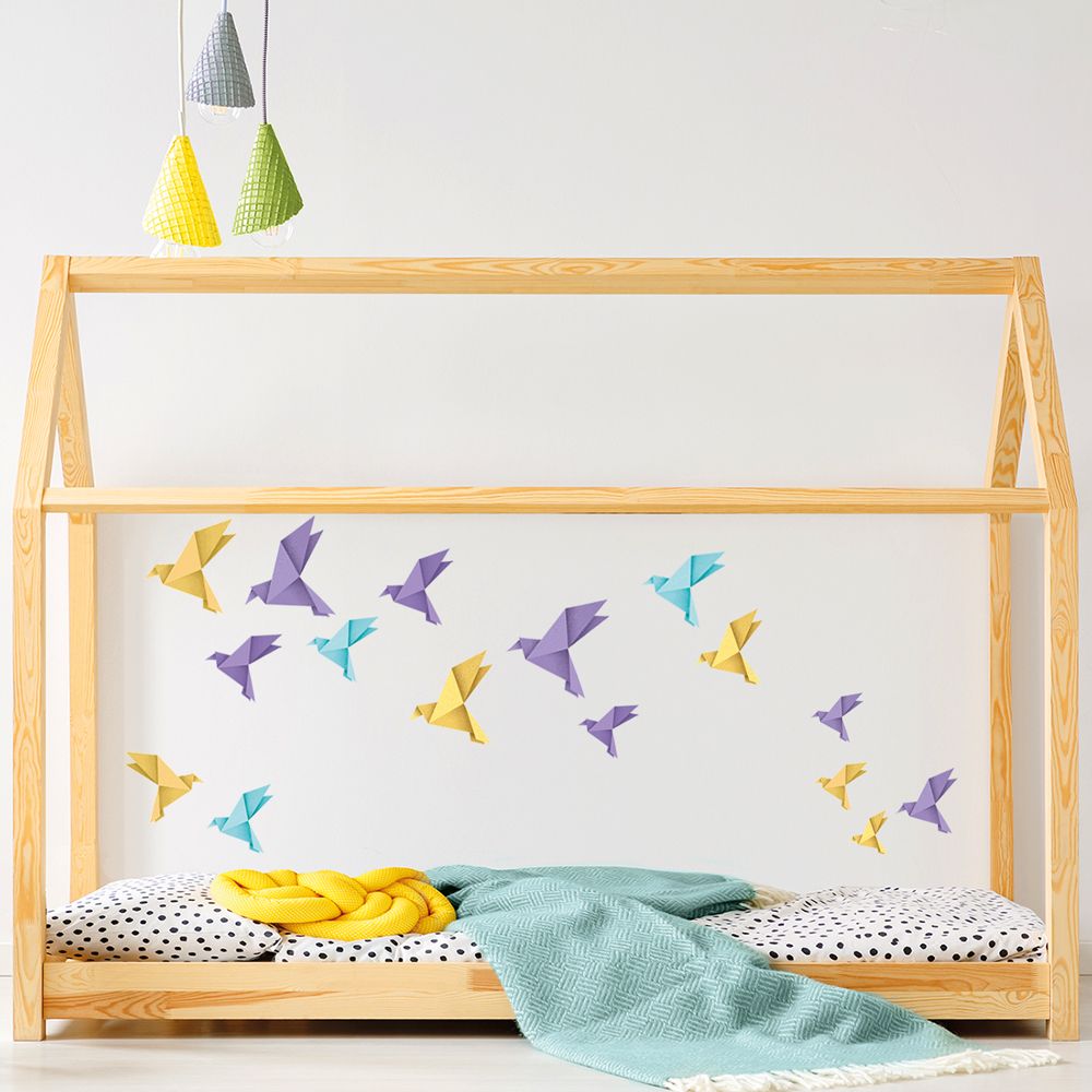 Origami ptáčci - fialové, žluté a modré - nálepky na zeď