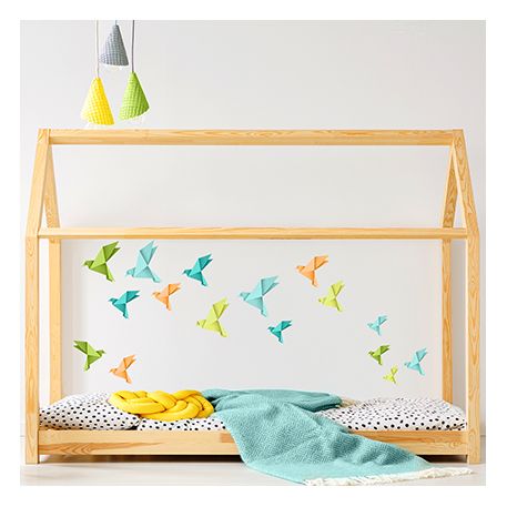 Origami ptáčci - oranžové, zelené a modré - nálepky na zeď