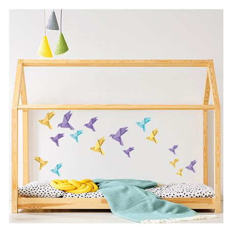 Origami ptáčci - fialové, žluté a modré - nálepky na zeď