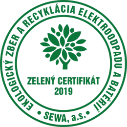 SEWA, a.s. – Zelený certifikát 2019: ekologický sběr a recyklace elektroodpadu a baterií