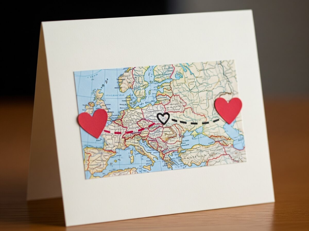 Papírové svatební blahopřání s mapou.