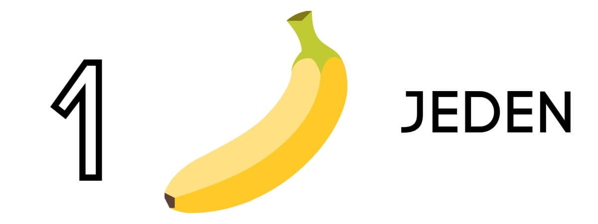 Kartička na učení se počítání s číslem jeden, obrázkem banánu a slovem jeden.