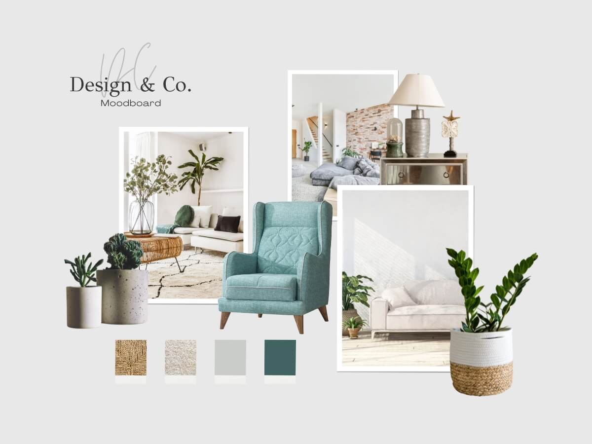 Koláž interiérových doplňků ve stylu moodboardu z programu Canva.
