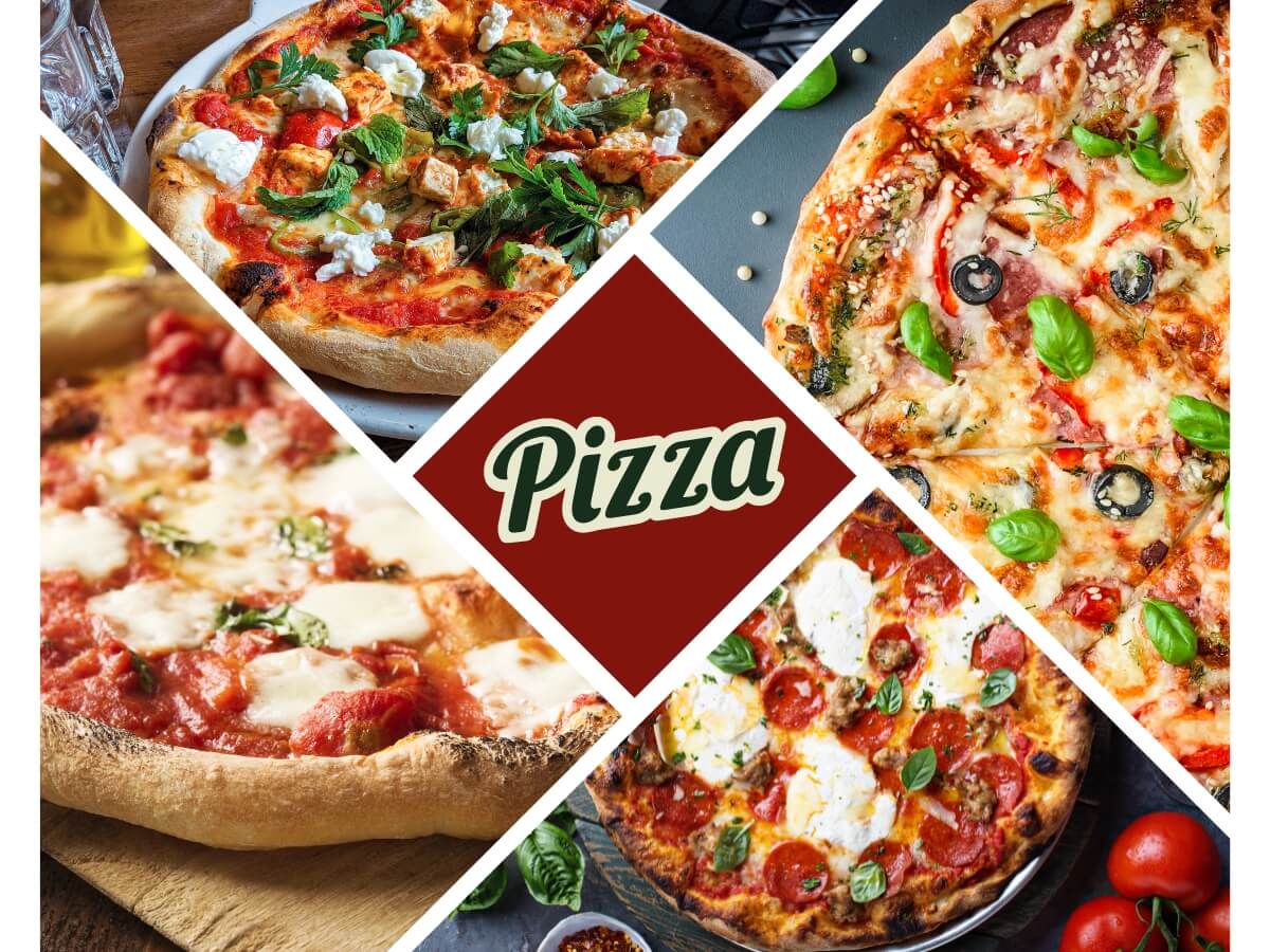 Koláž fotografií pizzy.