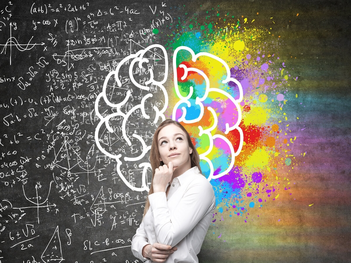 Žena přemýšlí vedle ilustrace rozdělení mozkových hemisfér.