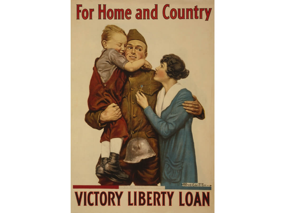 Plakát od Alfreda Everitt Orr během propagandy 1. světové války z roku 1918.