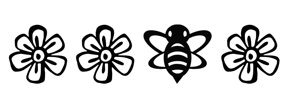 Tři obrázky květinek a jedna včela.