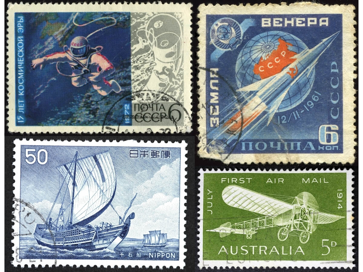 Poštovní známky se sběratelskými tématy vesmíru, lodě a letadla.