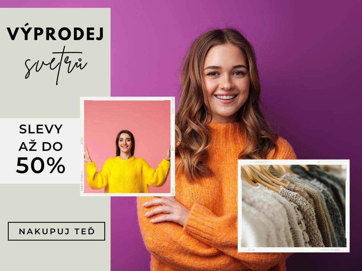Plakát informující o výprodeji svetrů.