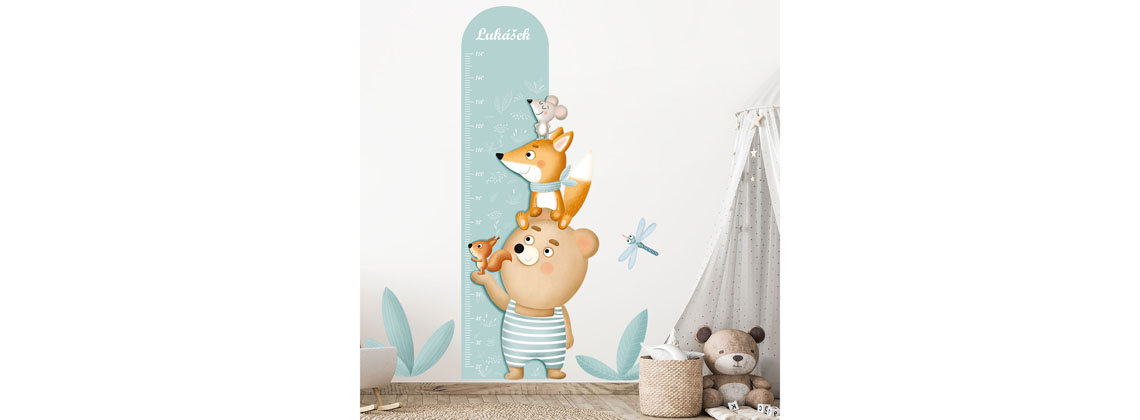 Nálepky na zeď metr lesní zvířátka tyrkysový