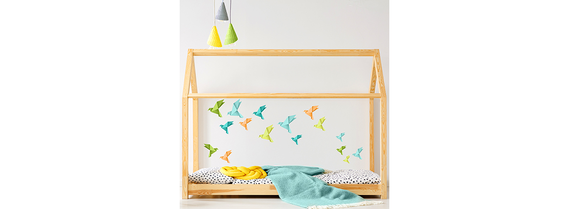 Origami ptáčci - oranžové, zelené a modré - nálepky na zeď