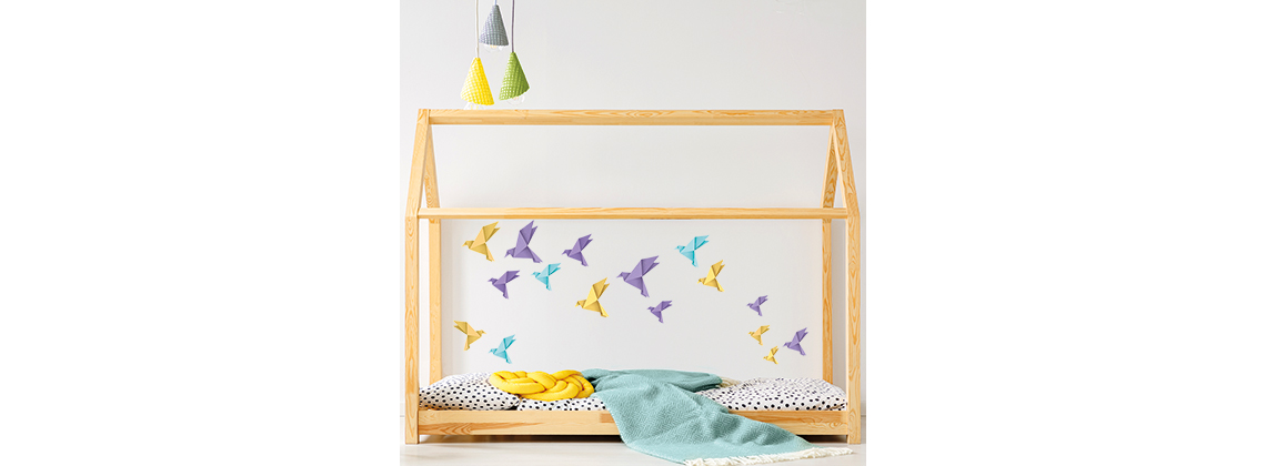 Origami ptáčci - fialové, žluté a modré - nálepky na zeď